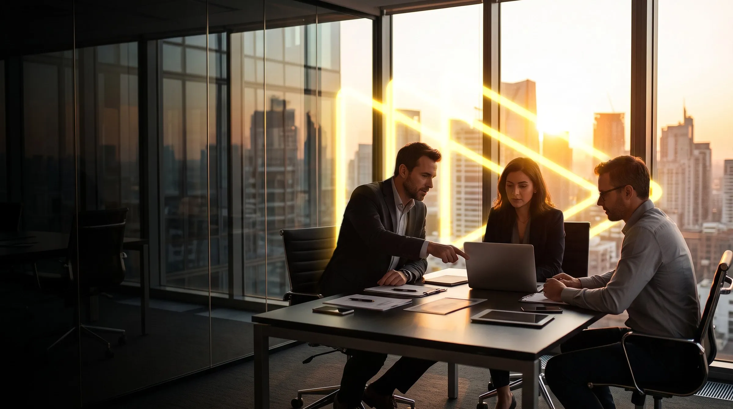 Equipe da Artium analisando projetos em um escritório com vista para a cidade